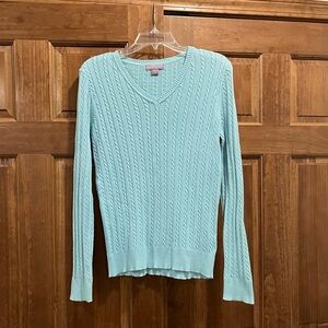Lauren Scott Women's Light Blue Cable Knit V-Neck Sweater, Size Small